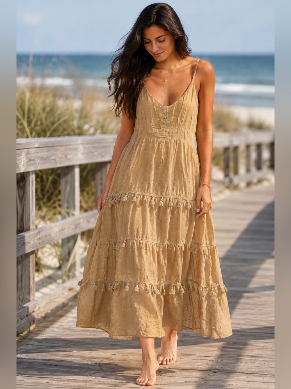 H086 New Rhea Costa OS ptp 16-20 Tan Tiered Tassel Maxi Dress